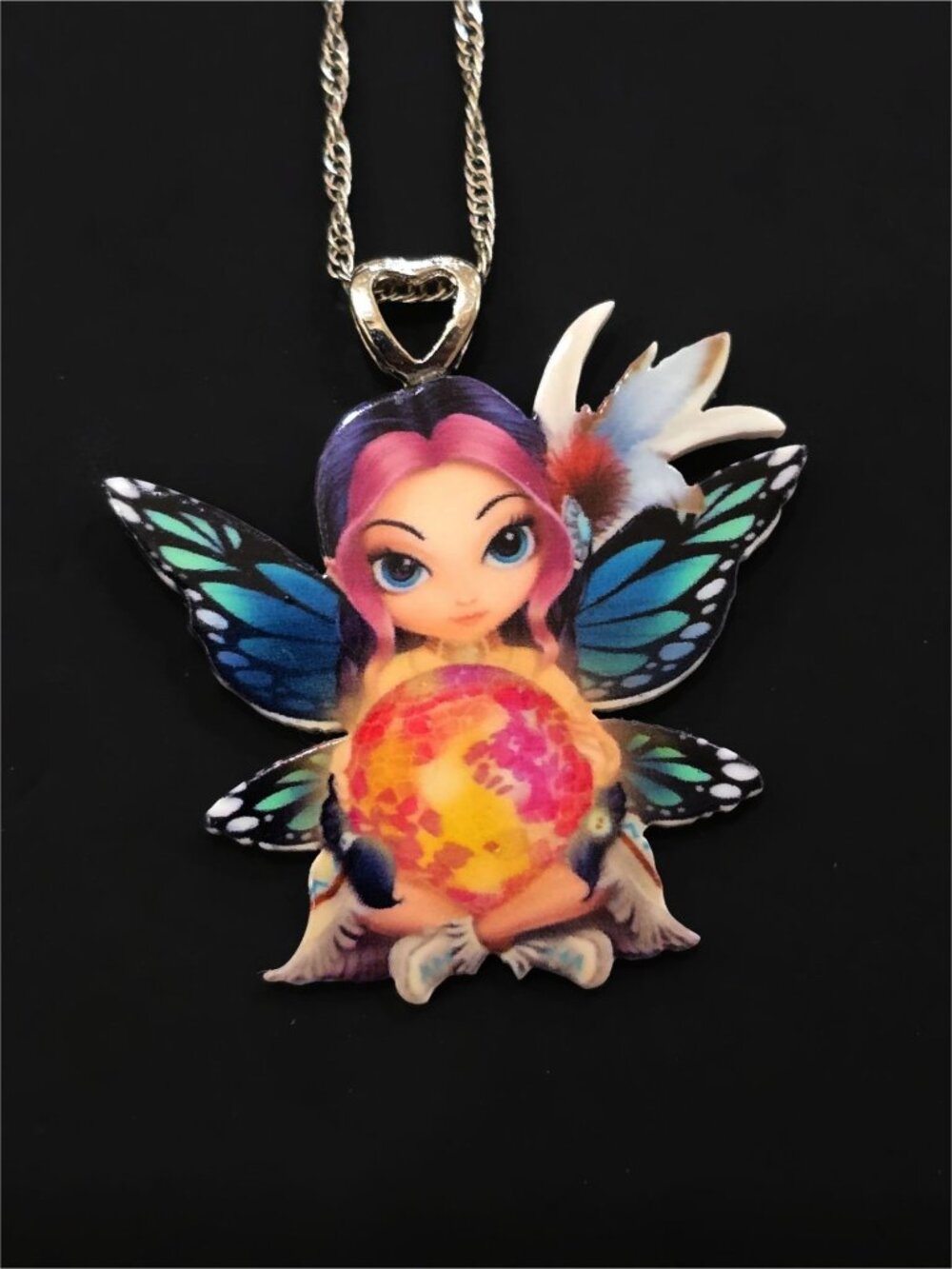 Hand Crafted ✦ Fairy Girl Acrylic Pendant Necklace ✦ Rainbow Orb Silver Chain
